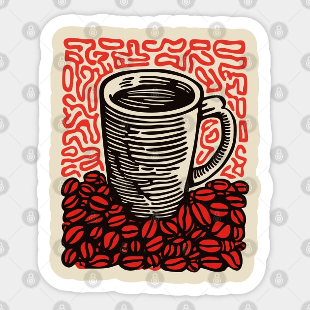 Linocut Coffee Cup & Beans Art for Kitchen Decor Gift Sticker by TuncGK